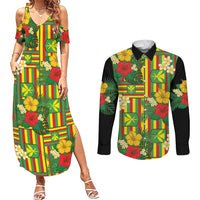 Hawaii Kanaka Maoli Hibiscus Couples Matching Summer Maxi Dress and Long Sleeve Button Shirt Hawaiian Flag Motif LT9 Green - Polynesian Pride