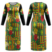 Hawaii Kanaka Maoli Hibiscus Family Matching Long Sleeve Bodycon Dress and Hawaiian Shirt Hawaiian Flag Motif LT9 Mom's Dress Green - Polynesian Pride