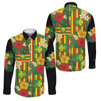 Hawaii Kanaka Maoli Hibiscus Family Matching Long Sleeve Bodycon Dress and Hawaiian Shirt Hawaiian Flag Motif LT9 Dad's Shirt - Long Sleeve Green - Polynesian Pride