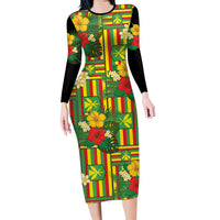 Hawaii Kanaka Maoli Hibiscus Family Matching Long Sleeve Bodycon Dress and Hawaiian Shirt Hawaiian Flag Motif LT9 Mom's Dress Green - Polynesian Pride