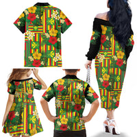 Hawaii Kanaka Maoli Hibiscus Family Matching Off The Shoulder Long Sleeve Dress and Hawaiian Shirt Hawaiian Flag Motif LT9 Mom's Dress Green - Polynesian Pride