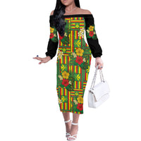 Hawaii Kanaka Maoli Hibiscus Family Matching Off The Shoulder Long Sleeve Dress and Hawaiian Shirt Hawaiian Flag Motif LT9 Mom's Dress Green - Polynesian Pride
