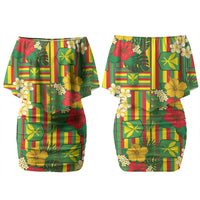 Hawaii Kanaka Maoli Hibiscus Family Matching Off Shoulder Short Dress and Hawaiian Shirt Hawaiian Flag Motif LT9 Mom's Dress Green - Polynesian Pride