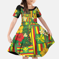 Hawaii Kanaka Maoli Hibiscus Family Matching Puletasi and Hawaiian Shirt Hawaiian Flag Motif LT9 Daughter's Dress Green - Polynesian Pride