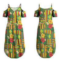 Hawaii Kanaka Maoli Hibiscus Family Matching Summer Maxi Dress and Hawaiian Shirt Hawaiian Flag Motif LT9 Mom's Dress Green - Polynesian Pride