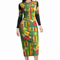 Hawaii Kanaka Maoli Hibiscus Long Sleeve Bodycon Dress Hawaiian Flag Motif LT9 Long Dress Green - Polynesian Pride
