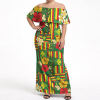 Hawaii Kanaka Maoli Hibiscus Off Shoulder Maxi Dress Hawaiian Flag Motif LT9 Women Green - Polynesian Pride