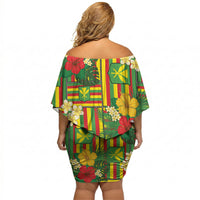Hawaii Kanaka Maoli Hibiscus Off Shoulder Short Dress Hawaiian Flag Motif LT9 - Polynesian Pride