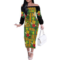 Hawaii Kanaka Maoli Hibiscus Off The Shoulder Long Sleeve Dress Hawaiian Flag Motif LT9 Women Green - Polynesian Pride