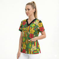 Hawaii Kanaka Maoli Hibiscus Scrub Top Hawaiian Flag Motif