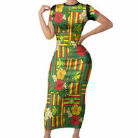 Hawaii Kanaka Maoli Hibiscus Short Sleeve Bodycon Dress Hawaiian Flag Motif LT9 Long Dress Green - Polynesian Pride