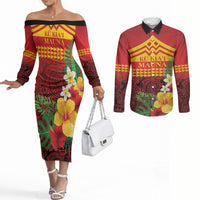 Hawaii Ku Kia'i Mauna Personalized Couples Matching Off The Shoulder Long Sleeve Dress and Long Sleeve Button Shirt Hibiscus Kakau Pattern LT9 Red - Polynesian Pride