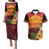 Hawaii Ku Kia'i Mauna Personalized Couples Matching Puletasi and Hawaiian Shirt Hibiscus Kakau Pattern LT9 Red - Polynesian Pride