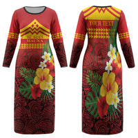 Hawaii Ku Kia'i Mauna Personalized Family Matching Long Sleeve Bodycon Dress and Hawaiian Shirt Hibiscus Kakau Pattern LT9 Mom's Dress Red - Polynesian Pride