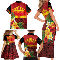 Hawaii Ku Kia'i Mauna Personalized Family Matching Short Sleeve Bodycon Dress and Hawaiian Shirt Hibiscus Kakau Pattern LT9 Mom's Dress Red - Polynesian Pride