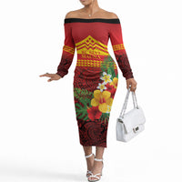 Hawaii Ku Kia'i Mauna Personalized Off The Shoulder Long Sleeve Dress Hibiscus Kakau Pattern LT9 Women Red - Polynesian Pride