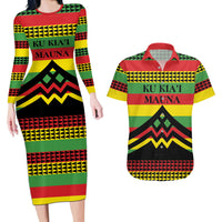 Hawaii Ku Kia'i Mauna Personalized Couples Matching Long Sleeve Bodycon Dress and Hawaiian Shirt Hawaiian Kanaka Maoli Motif LT9 Green - Polynesian Pride