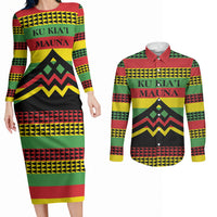 Hawaii Ku Kia'i Mauna Personalized Couples Matching Long Sleeve Bodycon Dress and Long Sleeve Button Shirt Hawaiian Kanaka Maoli Motif LT9 Green - Polynesian Pride