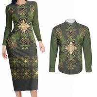 Hawaii Ohia Lehua Squares Couples Matching Long Sleeve Bodycon Dress and Long Sleeve Button Shirt Hawaiian Quilt Inspired Floral Pattern LT9 Green - Polynesian Pride