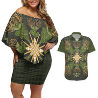 Hawaii Ohia Lehua Squares Couples Matching Off Shoulder Short Dress and Hawaiian Shirt Hawaiian Quilt Inspired Floral Pattern LT9 Green - Polynesian Pride