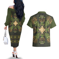 Hawaii Ohia Lehua Squares Couples Matching Off The Shoulder Long Sleeve Dress and Hawaiian Shirt Hawaiian Quilt Inspired Floral Pattern LT9 - Polynesian Pride