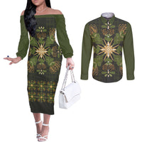 Hawaii Ohia Lehua Squares Couples Matching Off The Shoulder Long Sleeve Dress and Long Sleeve Button Shirt Hawaiian Quilt Inspired Floral Pattern LT9 Green - Polynesian Pride