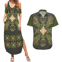 Hawaii Ohia Lehua Squares Couples Matching Summer Maxi Dress and Hawaiian Shirt Hawaiian Quilt Inspired Floral Pattern LT9 Green - Polynesian Pride