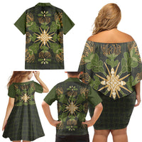Hawaii Ohia Lehua Squares Family Matching Off Shoulder Short Dress and Hawaiian Shirt Hawaiian Quilt Inspired Floral Pattern LT9 Mom's Dress Green - Polynesian Pride
