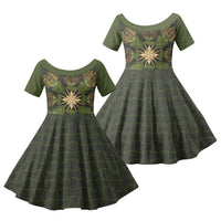 Hawaii Ohia Lehua Squares Family Matching Off Shoulder Short Dress and Hawaiian Shirt Hawaiian Quilt Inspired Floral Pattern LT9 Daughter's Dress Green - Polynesian Pride