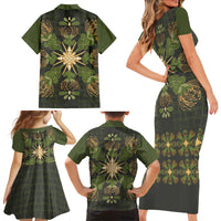 Hawaii Ohia Lehua Squares Family Matching Short Sleeve Bodycon Dress and Hawaiian Shirt Hawaiian Quilt Inspired Floral Pattern LT9 Mom's Dress Green - Polynesian Pride