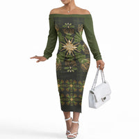Hawaii Ohia Lehua Squares Off The Shoulder Long Sleeve Dress Hawaiian Quilt Inspired Floral Pattern LT9 Women Green - Polynesian Pride