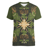 Hawaii Ohia Lehua Squares Women V-Neck T-Shirt Hawaiian Quilt Inspired Floral Pattern