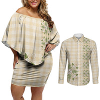Melemele Ahiahia Hawai'i Palaka Squares Maile Leaf Couples Matching Off Shoulder Short Dress and Long Sleeve Button Shirt Flowers Hawaiian Quilt Patterns