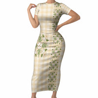 Melemele Ahiahia Hawai'i Palaka Squares Maile Leaf Short Sleeve Bodycon Dress Flowers Hawaiian Quilt Patterns