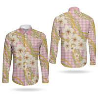 Akala Hamele Palaka Plumeria Couples Matching Short Sleeve Bodycon Dress and Long Sleeve Button Shirt Puakenikeni and Maile Lei