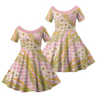 Akala Hamele Palaka Plumeria Family Matching Off Shoulder Maxi Dress and Hawaiian Shirt Puakenikeni and Maile Lei