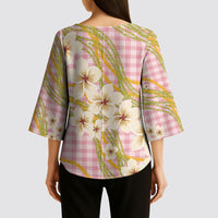 Akala Hamele Palaka Plumeria Kimono Sleeve Blouse Puakenikeni and Maile Lei