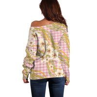 Akala Hamele Palaka Plumeria Off Shoulder Sweater Puakenikeni and Maile Lei