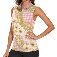 Akala Hamele Palaka Plumeria Women Sleeveless Polo Shirt Puakenikeni and Maile Lei