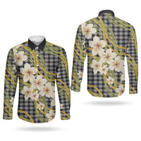 Ele'ele Hawai'i Palaka Plumeria Couples Matching Long Sleeve Bodycon Dress and Long Sleeve Button Shirt Puakenikeni and Maile Lei