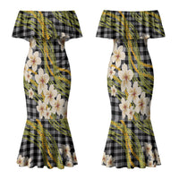 Ele'ele Hawai'i Palaka Plumeria Family Matching Mermaid Dress and Hawaiian Shirt Puakenikeni and Maile Lei