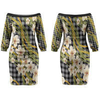 Ele'ele Hawai'i Palaka Plumeria Family Matching Off The Shoulder Long Sleeve Dress and Hawaiian Shirt Puakenikeni and Maile Lei