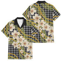 Ele'ele Hawai'i Palaka Plumeria Family Matching Off Shoulder Short Dress and Hawaiian Shirt Puakenikeni and Maile Lei