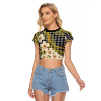 Ele'ele Hawai'i Palaka Plumeria Raglan Cropped T Shirt Puakenikeni and Maile Lei