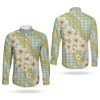 Liko Kukui Hawai'i Palaka Plumeria Couples Matching Off Shoulder Maxi Dress and Long Sleeve Button Shirt Puakenikeni and Maile Lei