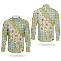 Liko Kukui Hawai'i Palaka Plumeria Couples Matching Off Shoulder Short Dress and Long Sleeve Button Shirt Puakenikeni and Maile Lei