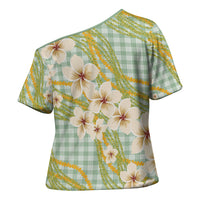 Liko Kukui Hawai'i Palaka Plumeria Cross Shoulder Shirt Puakenikeni and Maile Lei