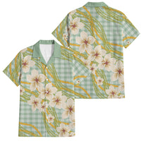 Liko Kukui Hawai'i Palaka Plumeria Family Matching Off The Shoulder Long Sleeve Dress and Hawaiian Shirt Puakenikeni and Maile Lei