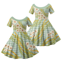 Liko Kukui Hawai'i Palaka Plumeria Family Matching Off Shoulder Maxi Dress and Hawaiian Shirt Puakenikeni and Maile Lei