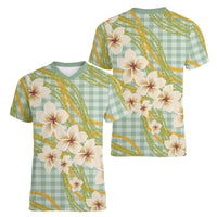 Liko Kukui Hawai'i Palaka Plumeria Women V-Neck T-Shirt Puakenikeni and Maile Lei